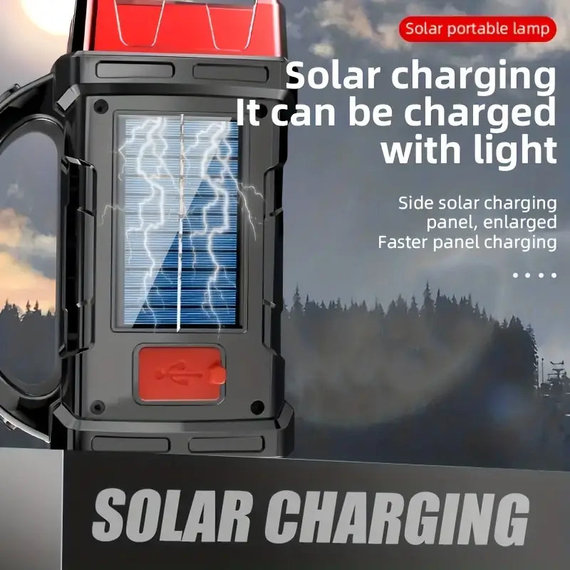 Red Tactical LED Solar Camping Light - Portable Rechargeable Flashlight
